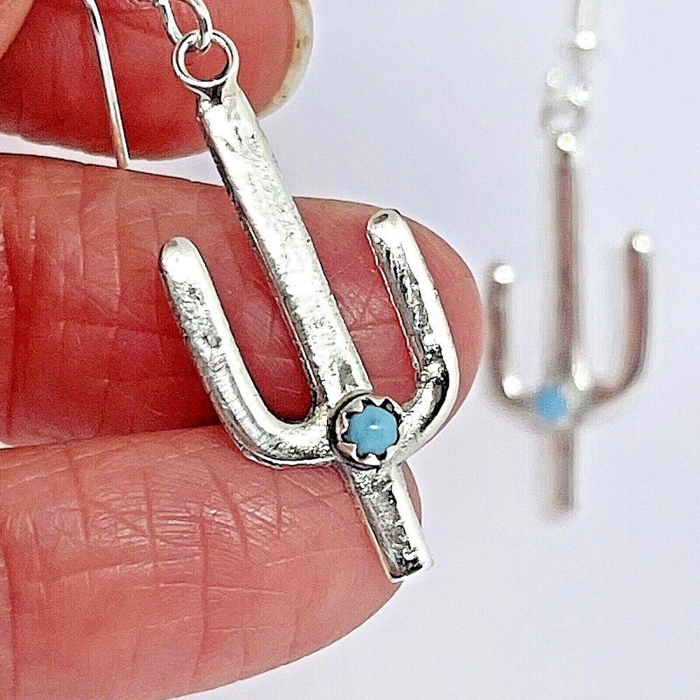 Navajo Saguaro Cactus Earrings Turquoise 2in Hook Snake Eye Native Amer Sterling